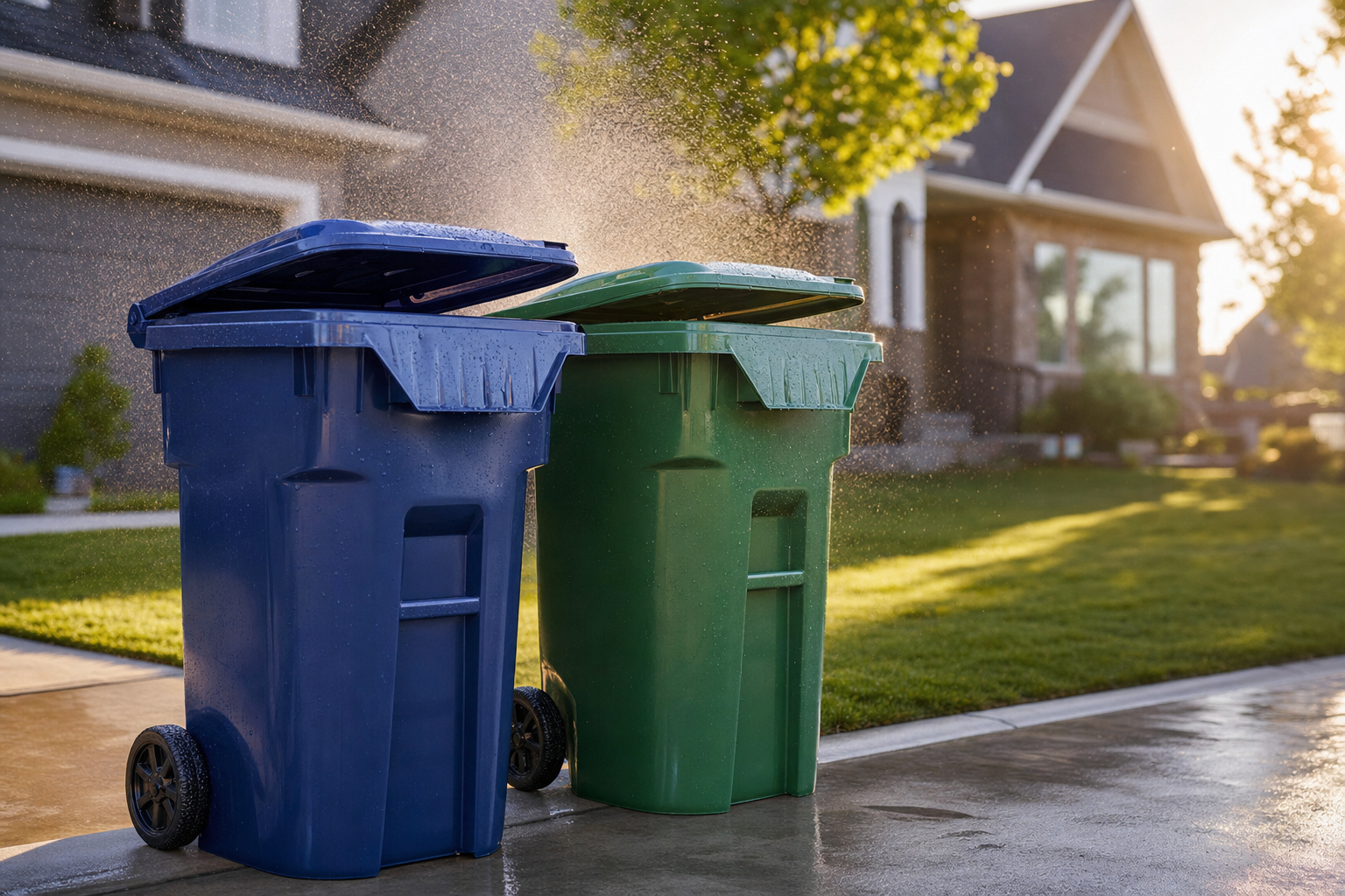 Two freshly cleaned curbside bins sparkling on a suburban driveway